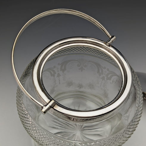 British vintage cut glass biscuit barrel silver plate lid 823g